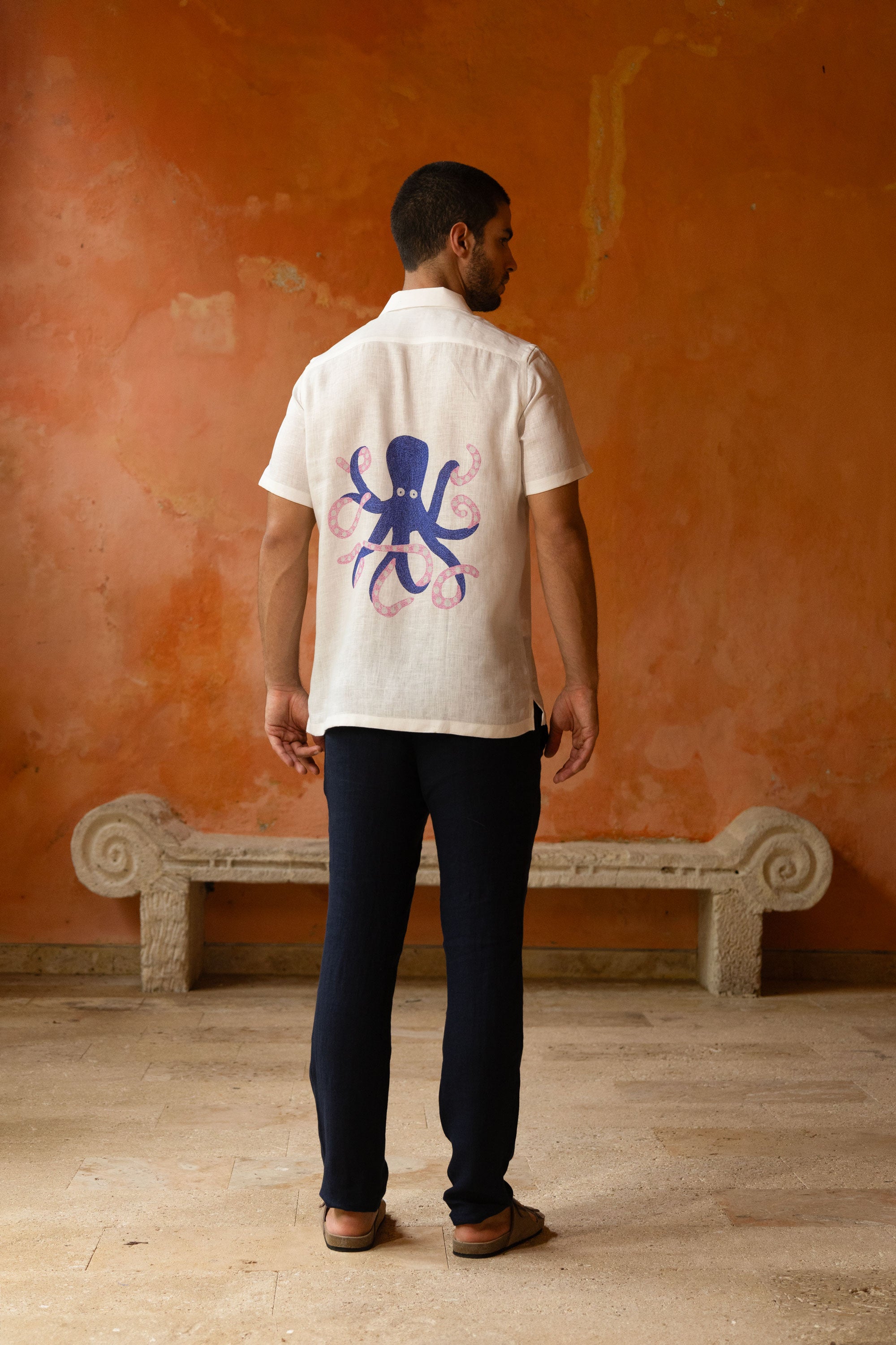 men’s linen shirt white octopus