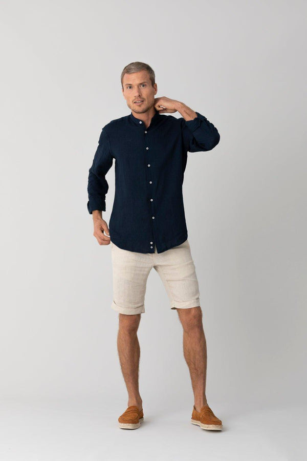 Camisa de lino mao para hombre azul marino