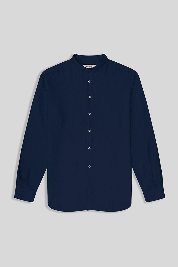 Camisa de lino mao para hombre azul marino