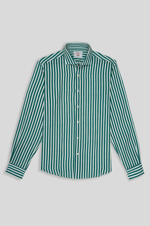 green linen shirt with thin stripes