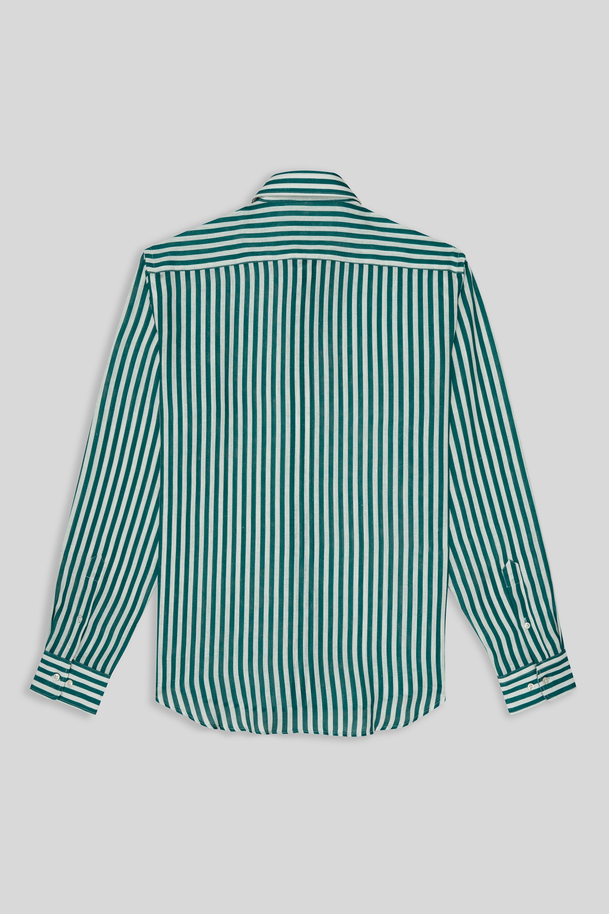 green linen shirt with thin stripes