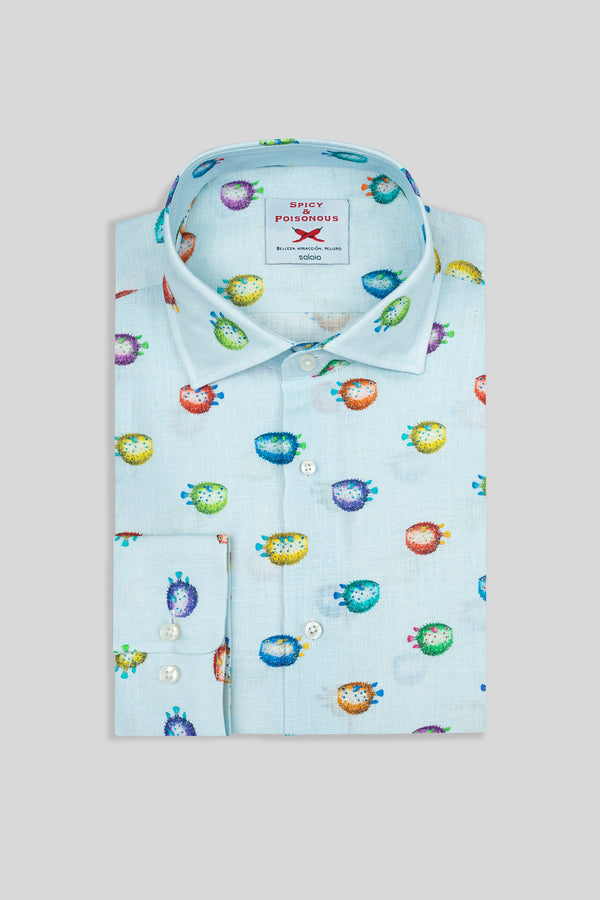 camisa de lino pez globo turquesa
