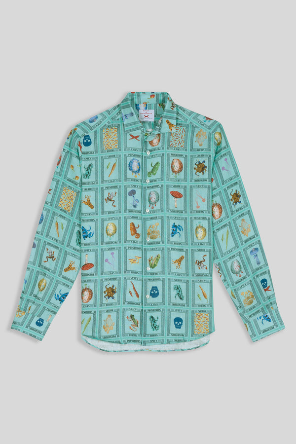 camisa de lino sellos turquesa