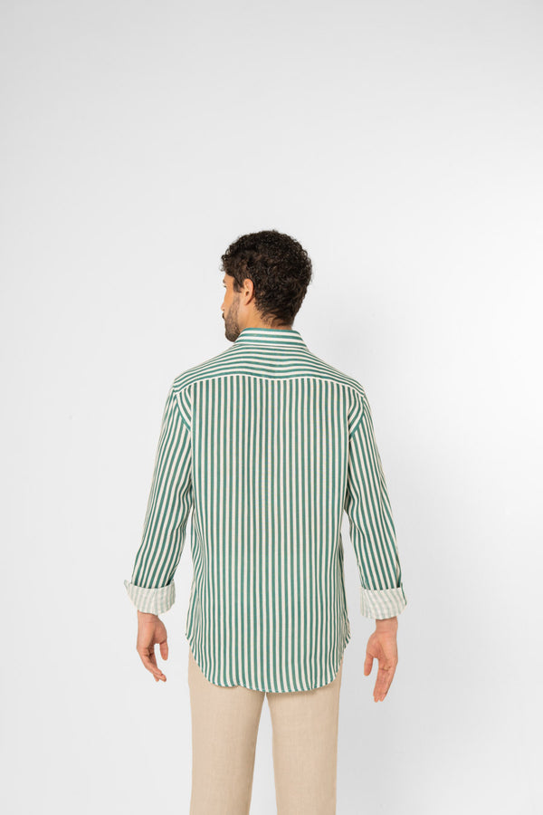 green linen shirt with thin stripes
