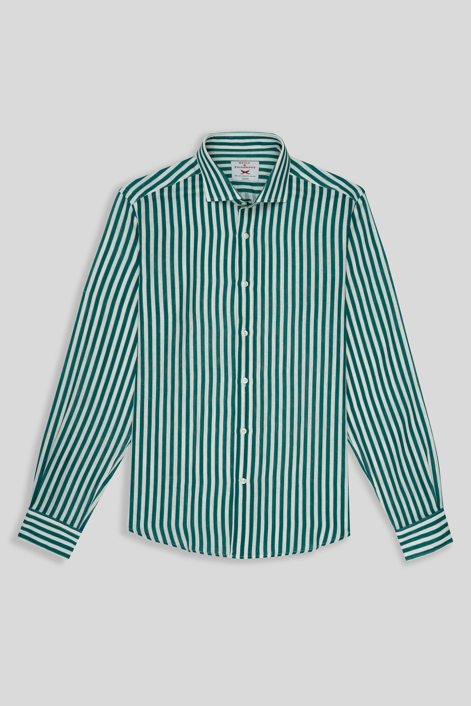 green linen shirt with thin stripes