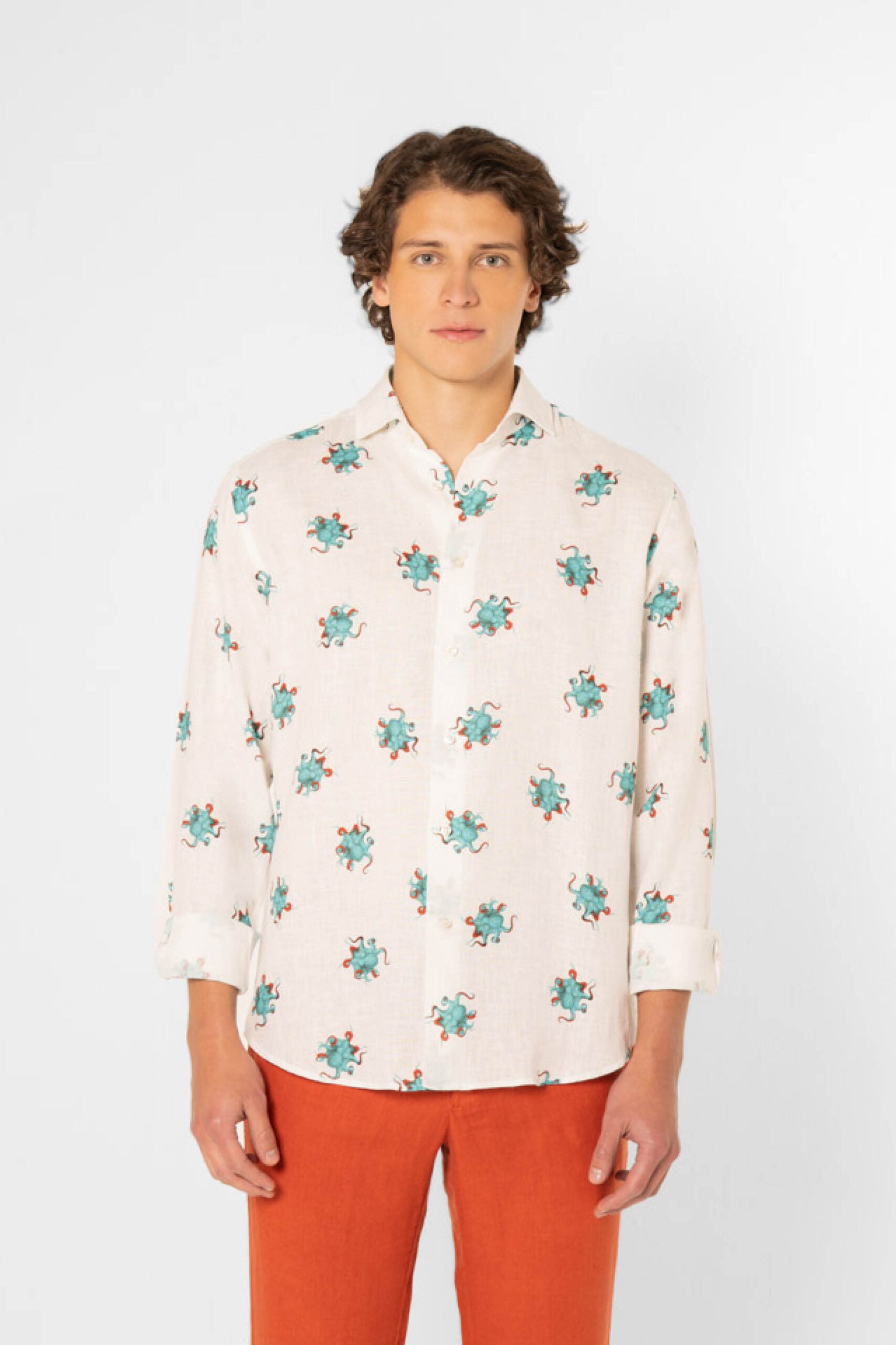 linen octopus shirt turquoise - soloio