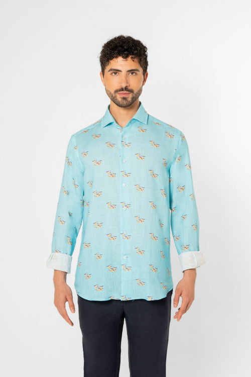 camisa de lino setas turquesa