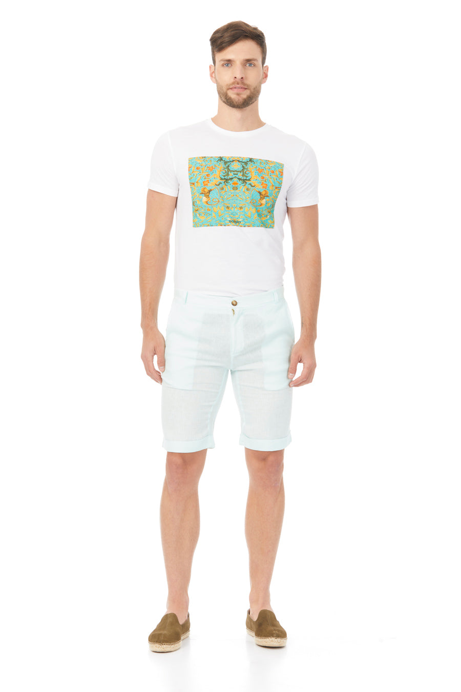 basic linen bermuda shorts aqua - soloio