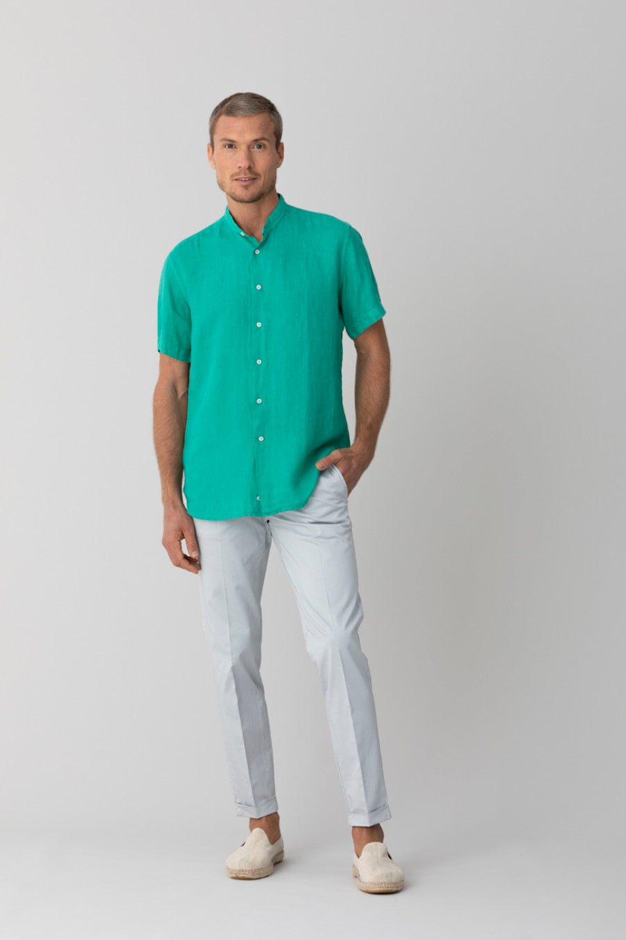 basic linen shirt mao collar green - soloio