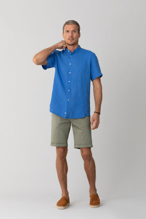 basic linen shirt mao collar blue intense - soloio