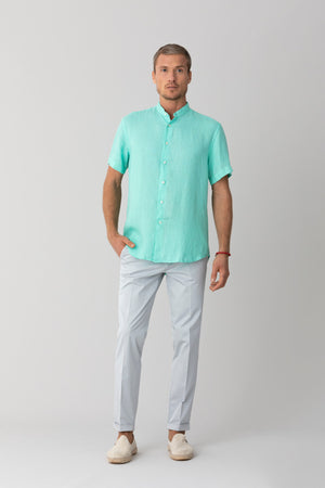 basic linen shirt mao collar turquoise - soloio