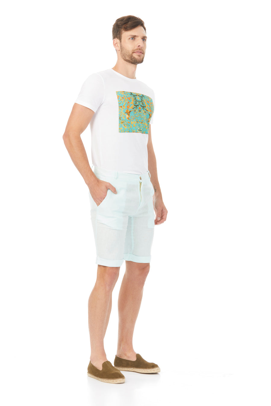 basic linen bermuda shorts aqua - soloio